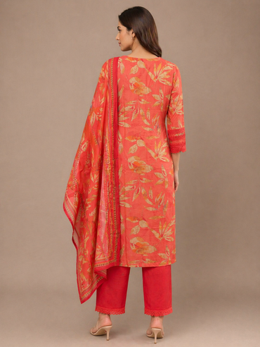 Coral Silk Kurta Set with Floral Prints & Lace Detailing Dupatta | Festive Wear