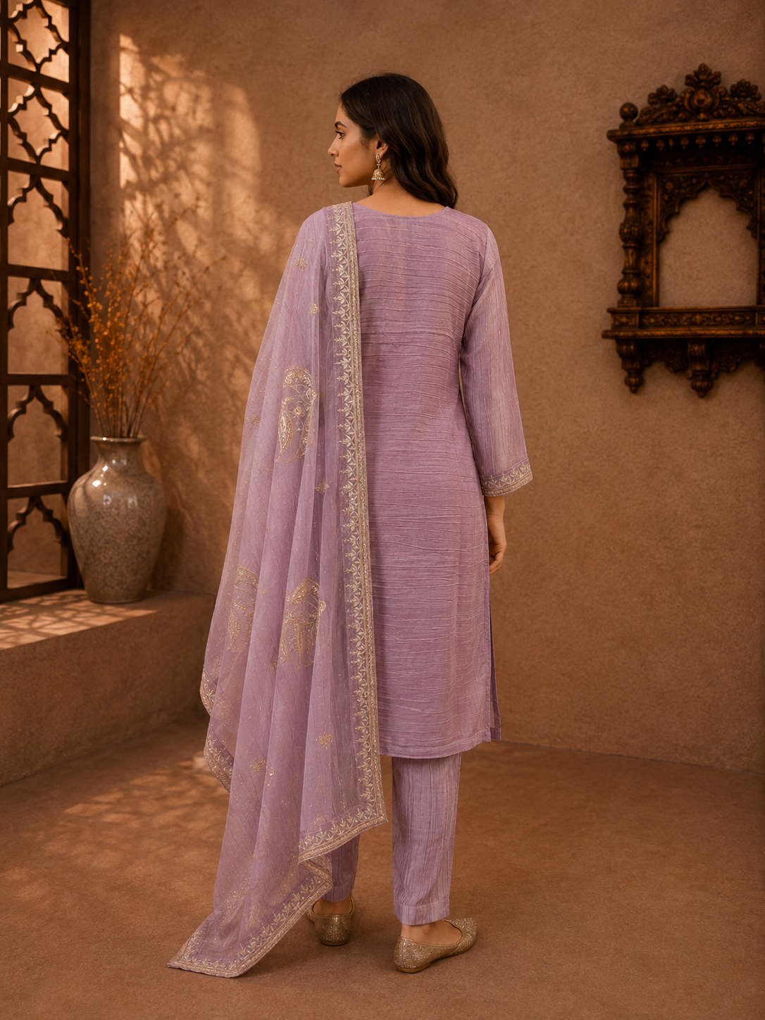 Lavender Tissue Silk Embroidered Kurta Set with Straight Pants & Dupatta