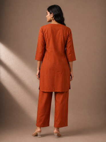 Rust Orange Silk Blend Floral Embroidered Kurta Pant Set