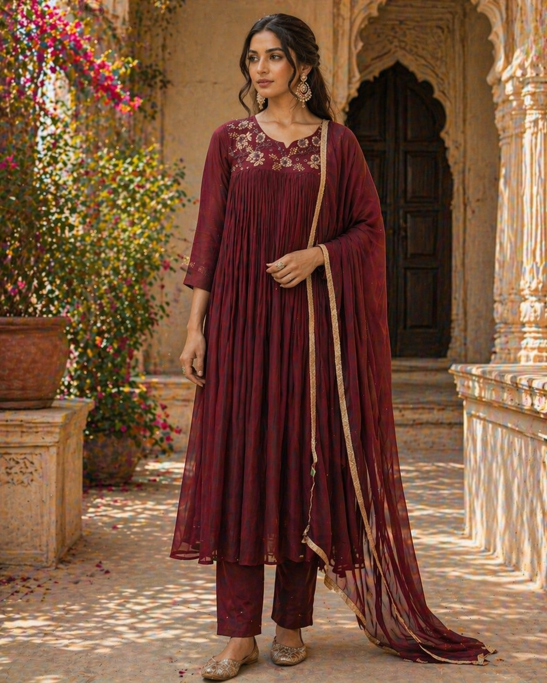 Wine Embroidered Chinnon Silk Anarkali Kurta Set with Dupatta