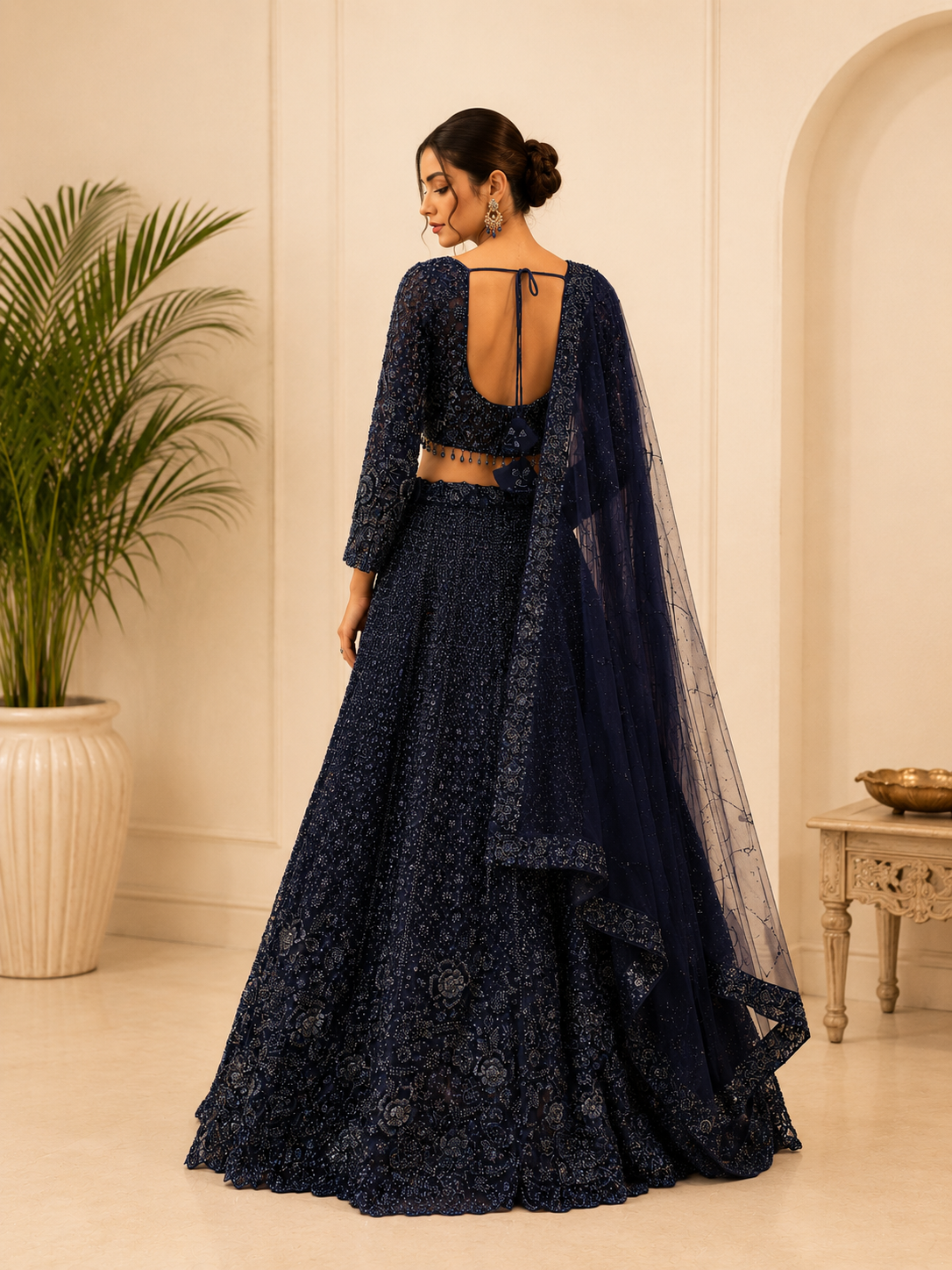 Midnight Navy Blue Embroidered Lehenga Choli Set with Net Dupatta