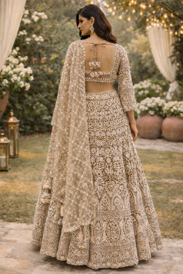 Beige Heavy Embroidered Net Lehenga Set with Designer Dupatta
