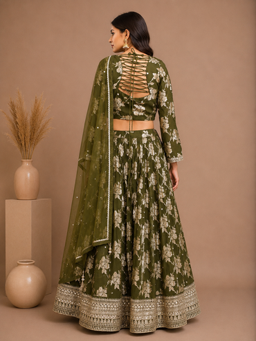 Olive Green Banarasi Silk Lehenga Set with Dupatta