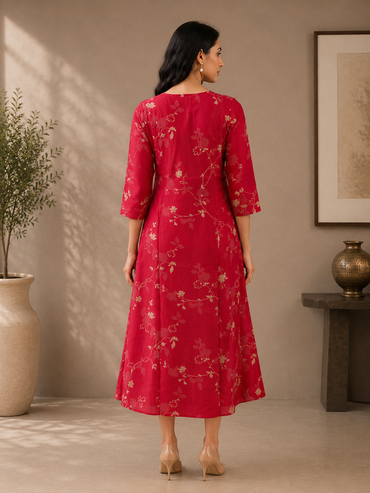 Pink Muslin Silk Floral Printed A-Line Dress for Women