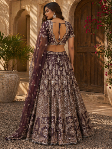 Wine Purple Embroidered Bridal Lehenga Set with Dupatta