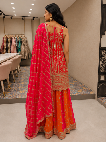 Rani Pink Georgette Embroidered Kurta Set with Contrast Palazzo & Dupatta