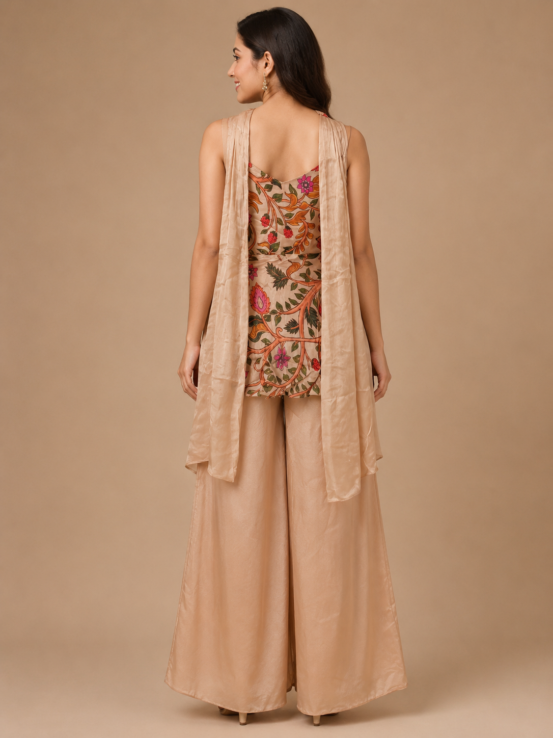 Beige Floral Printed Silk Peplum Top with Palazzo Pants Co-ord Set