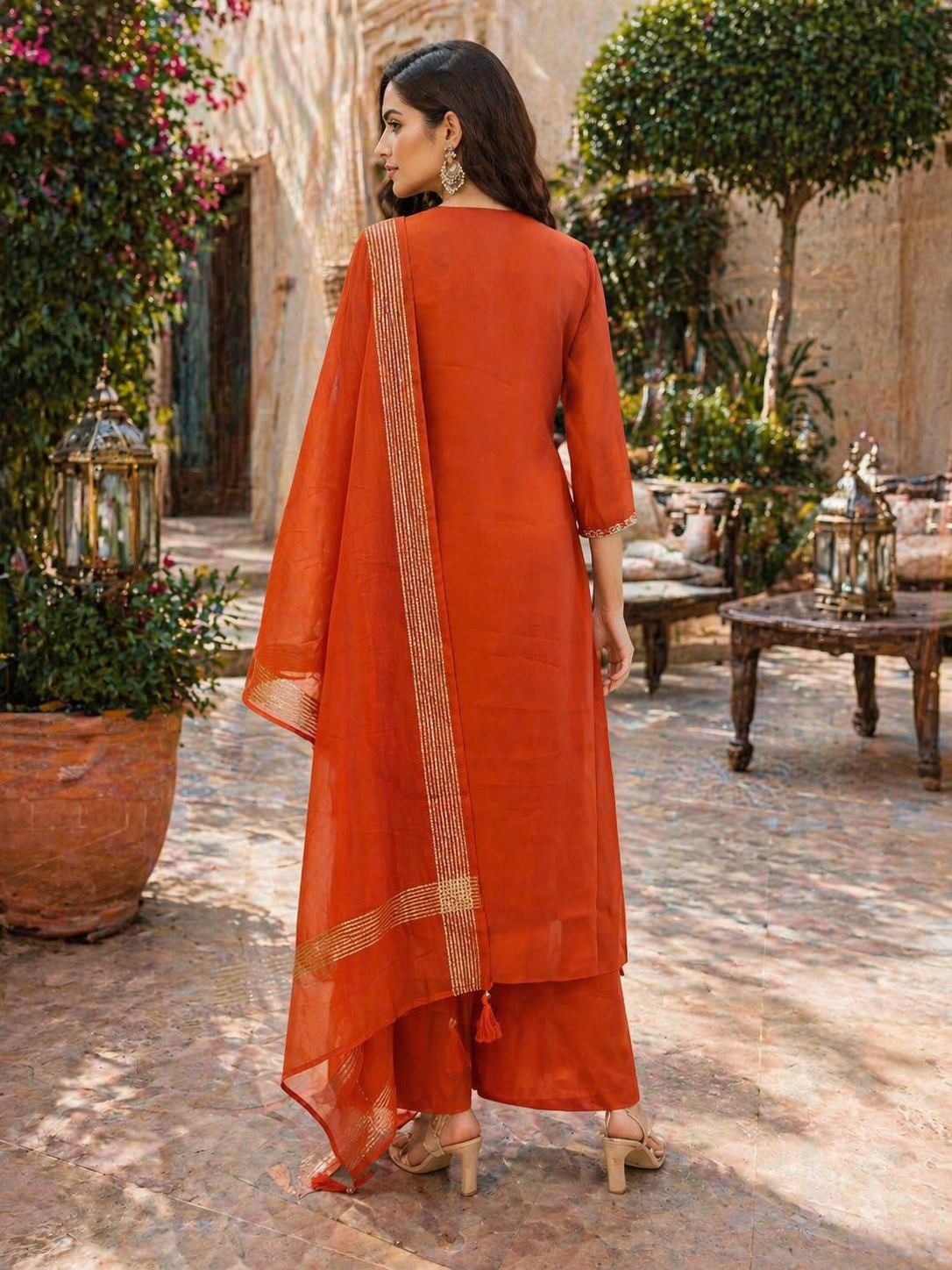 Rust Orange Mul Chanderi Anarkali Kurta Set with Embroidered Yoke & Dupatta
