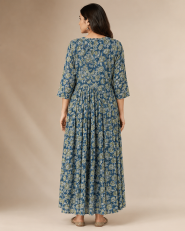 Navy Blue Imported Lycra Floral A-Line Maxi Dress