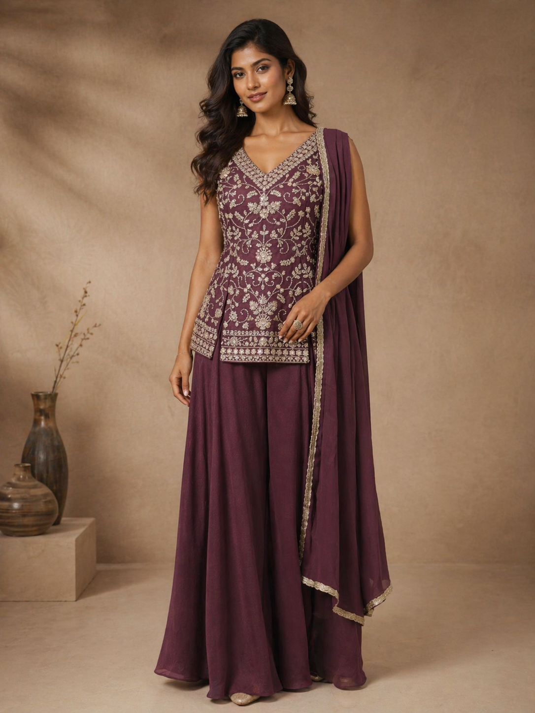 Wine Chinnon Silk Sharara Set with Heavy Embroidered Kurta & Dupatta | Festive Wear