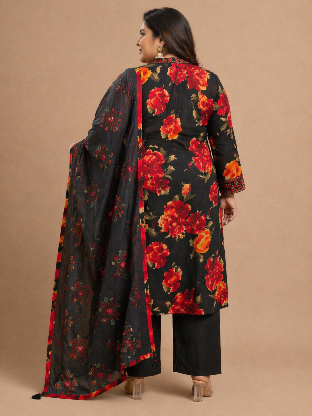 Women's Black Floral Printed Cotton Kurta Pant Set with Dupatta