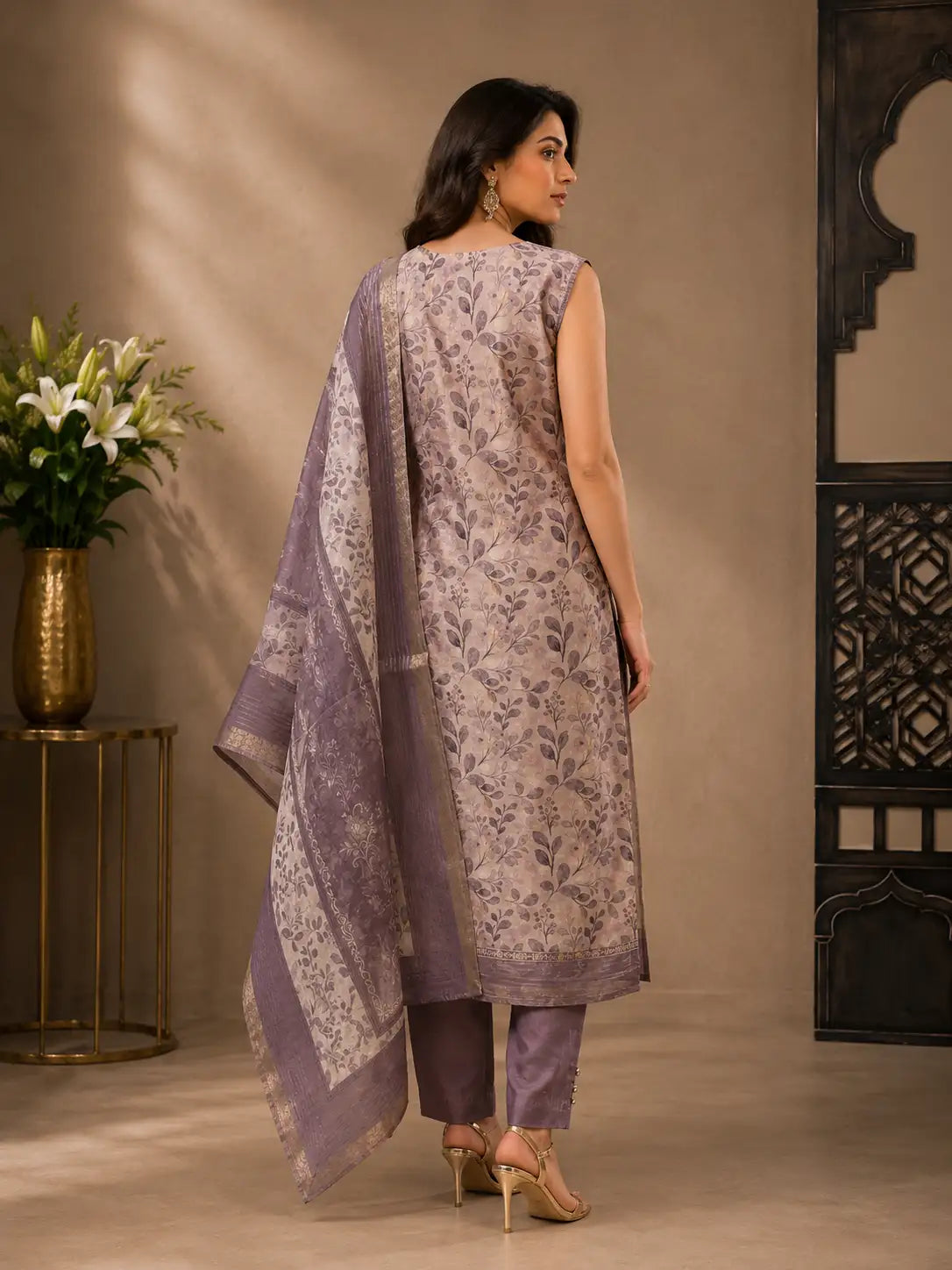 Lavender Printed Kurta Set with Dupatta