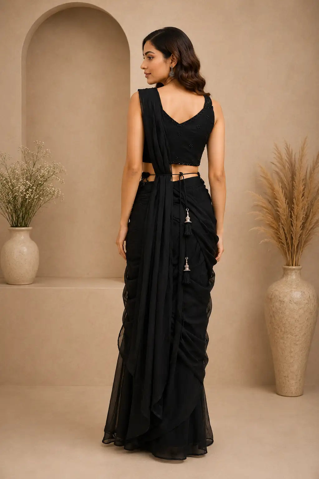 Midnight Black Designer Ruffle Saree with Embellished Blouse