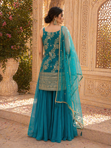 Teal Blue Tissue Silk Kurta Set with Palazzo & Dupatta | Festive & Wedding Wear