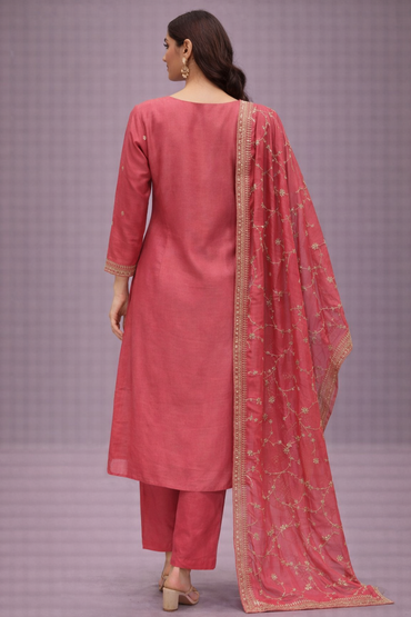 Coral Pink Silk Embroidered Kurta Pant Set with Dupatta