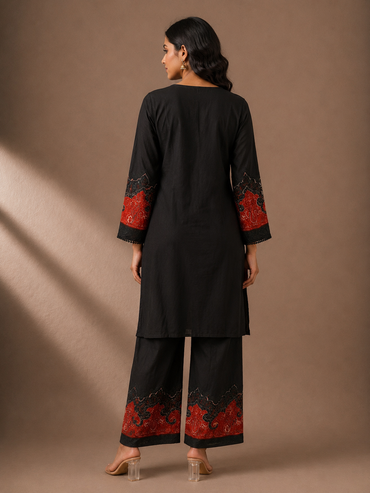 Black Silk Blend Embroidered Kurta Pant Set