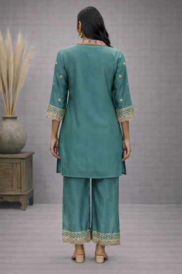 Women's Teal Green Embroidered Silk Kurta Palazzo Set