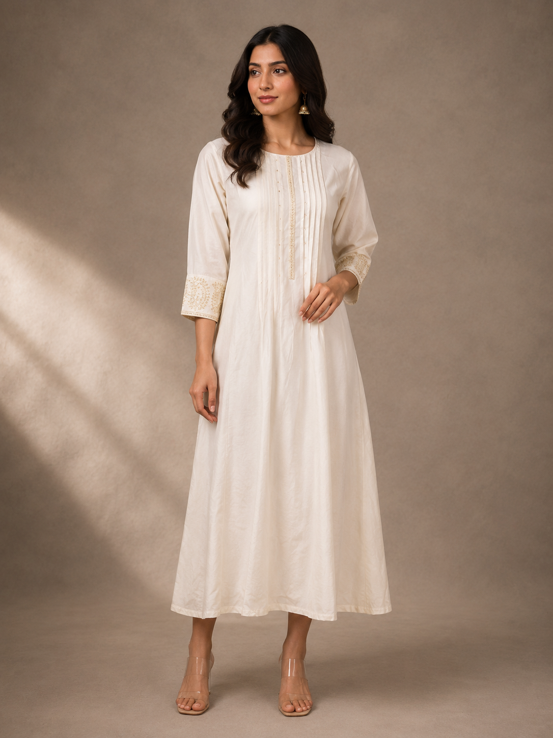 Ivory Soft Silk A-Line Kurta Dress with Embroidered Cuffs