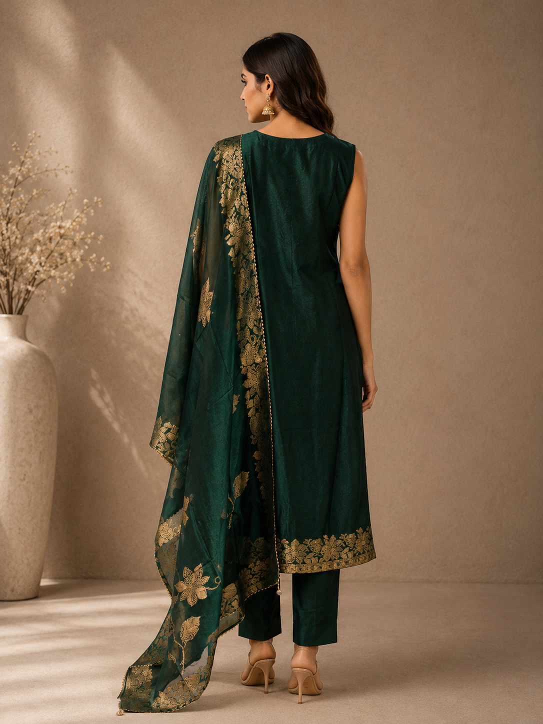 Elegant Emerald Green Silk Straight Suit Set with Floral Woven Dupatta