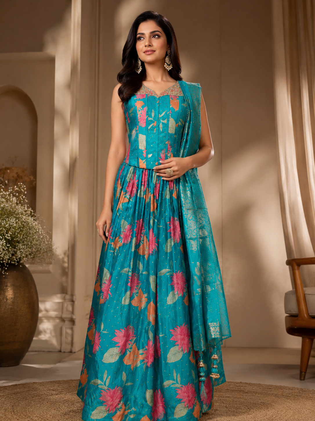 Teal Floral Printed Silk Anarkali Gown with Dupatta