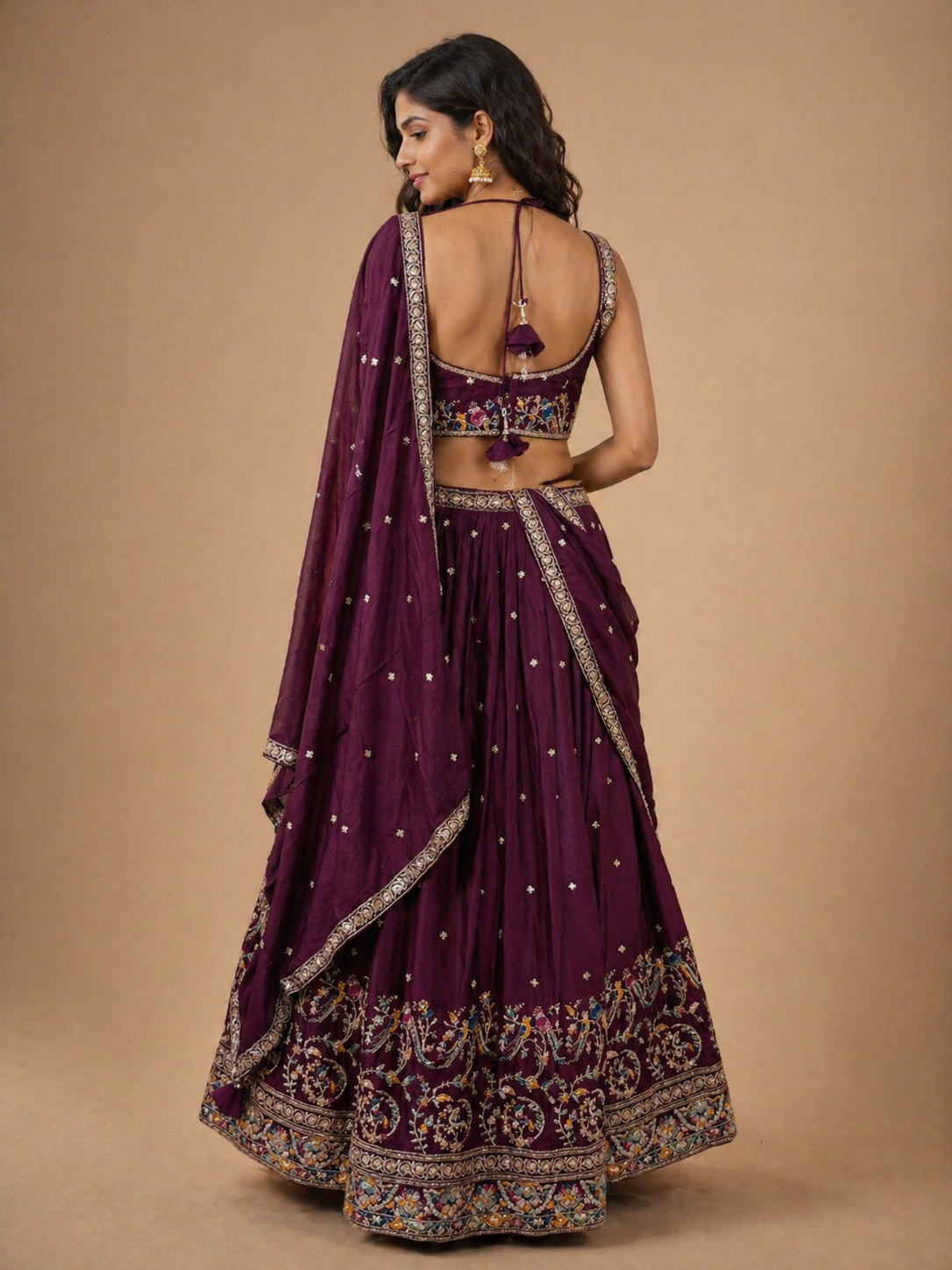 Wine Embroidered Lehenga Set with Dupatta | Wedding & Festive Wear