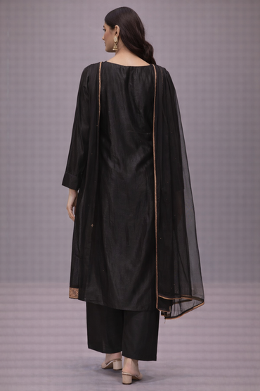 Black Silk Floral Printed Kurta Pant Set