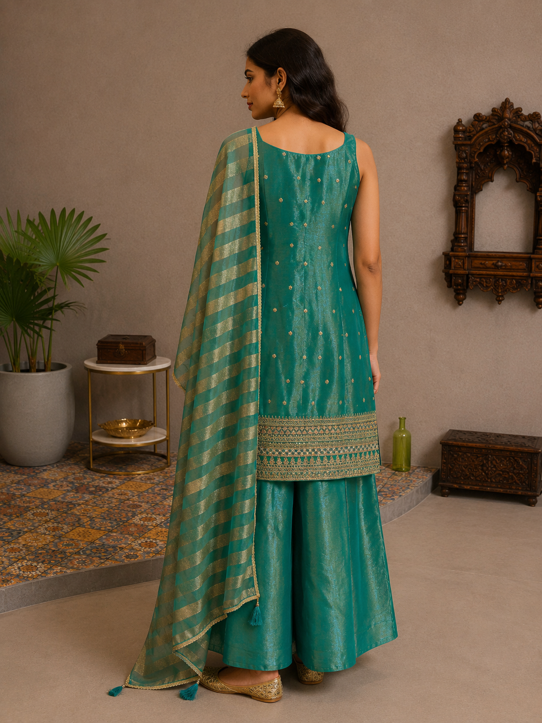 Teal Green Tissue Silk Kurta Sharara Set