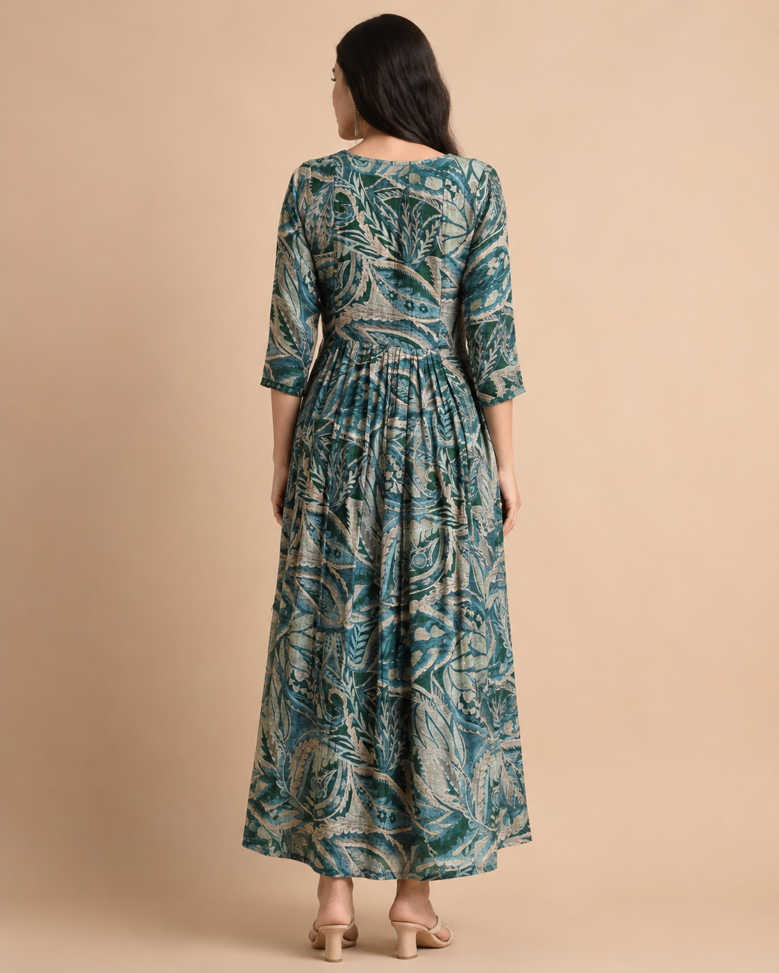 Teal Blue Imported Lycra Botanical Print Tiered Midi Dress