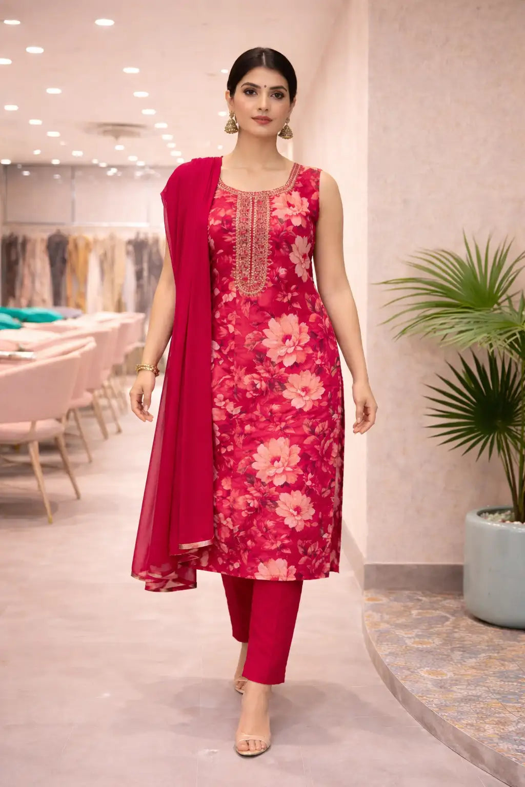 Women's Pink Floral Printed Silk Kurta Pant Set with Dupatta