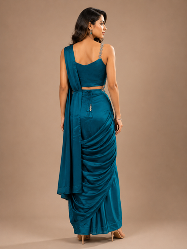 Teal Blue Designer Silk Saree with Sequined Blouse