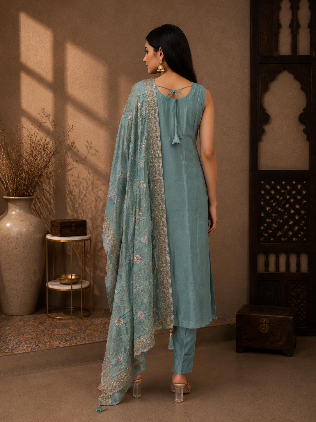 Premium Tissue Silk Straight Suit Set with Embroidered Tissue Dupatta – Aqua Blue