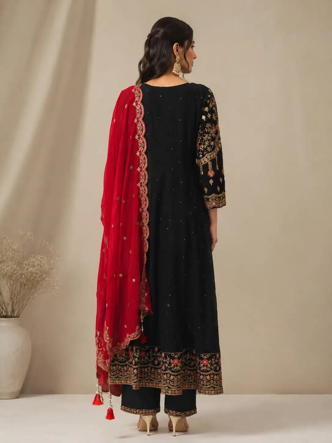 Navy Blue Embroidered Kurta Set with Red Dupatta