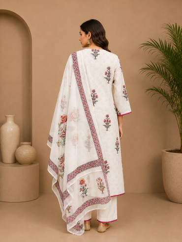 Women's Cotton Block Print Kurta Pant Set with Dupatta