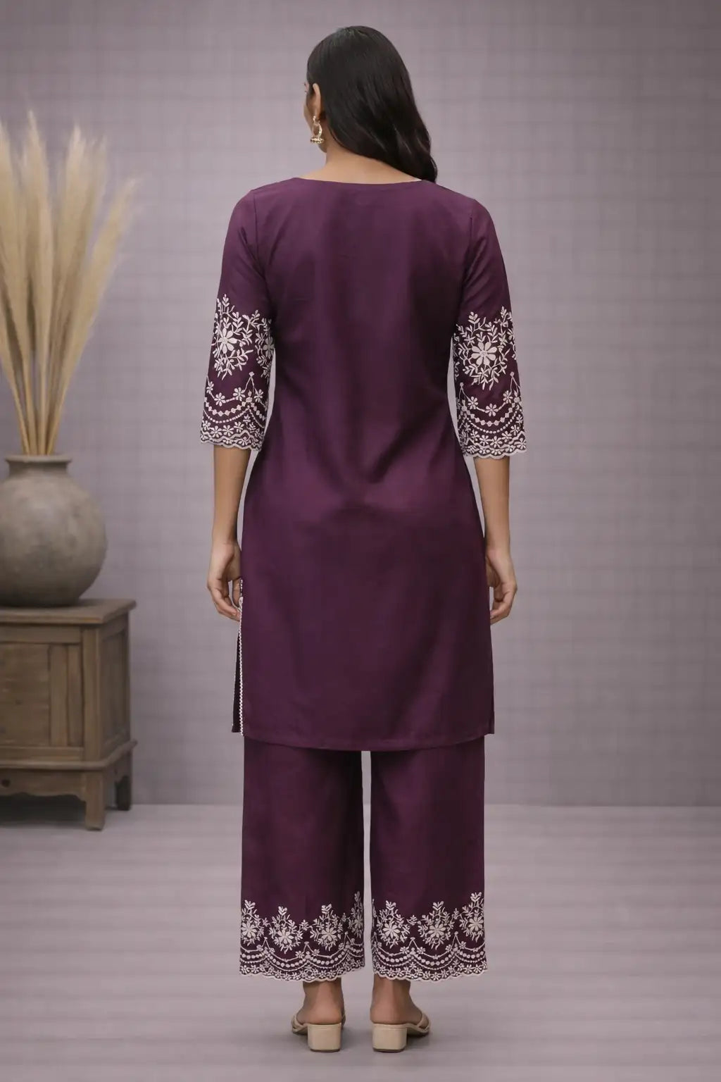 Women's Wine Embroidered Cotton Satin Kurta Palazzo Set