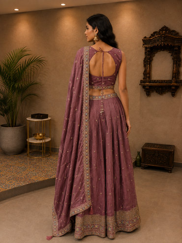 Dusty Rose Embroidered Silk Lehenga Set