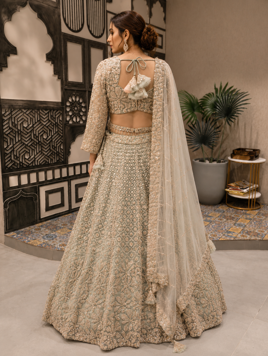 Sage Green Bridal Embroidered Lehenga Set with Net Dupatta