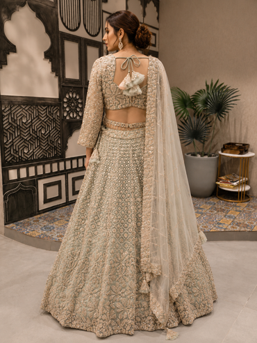 Sage Green Bridal Embroidered Lehenga Set with Net Dupatta