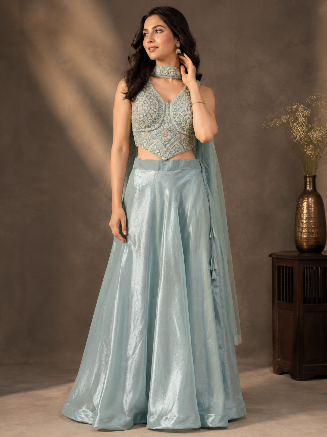 Ice Blue Tissue Silk Lehenga Set with Embroidered Corset Blouse