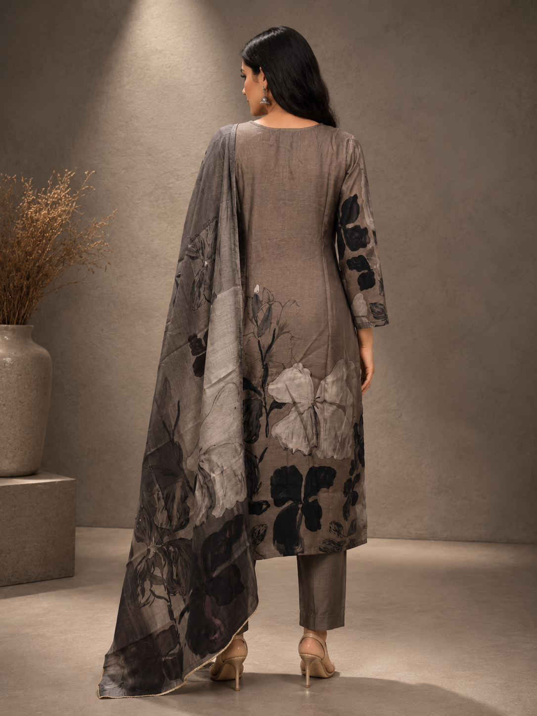 Premium Muslin Silk Floral Printed Straight Suit Set with Embroidered Dupatta – Charcoal Grey