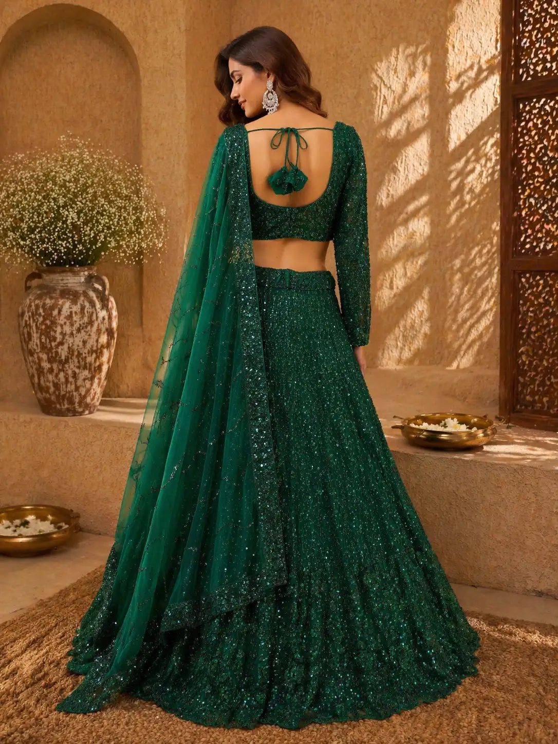 Emerald Green Net Embellished Lehenga Set