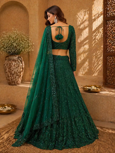 Emerald Green Net Embellished Lehenga Set