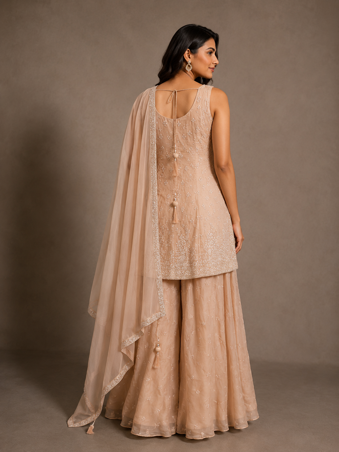 Beige Georgette Embroidered Sharara Suit with Dupatta