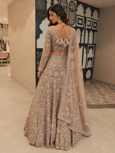 Beige Net Embroidered Bridal Lehenga Set
