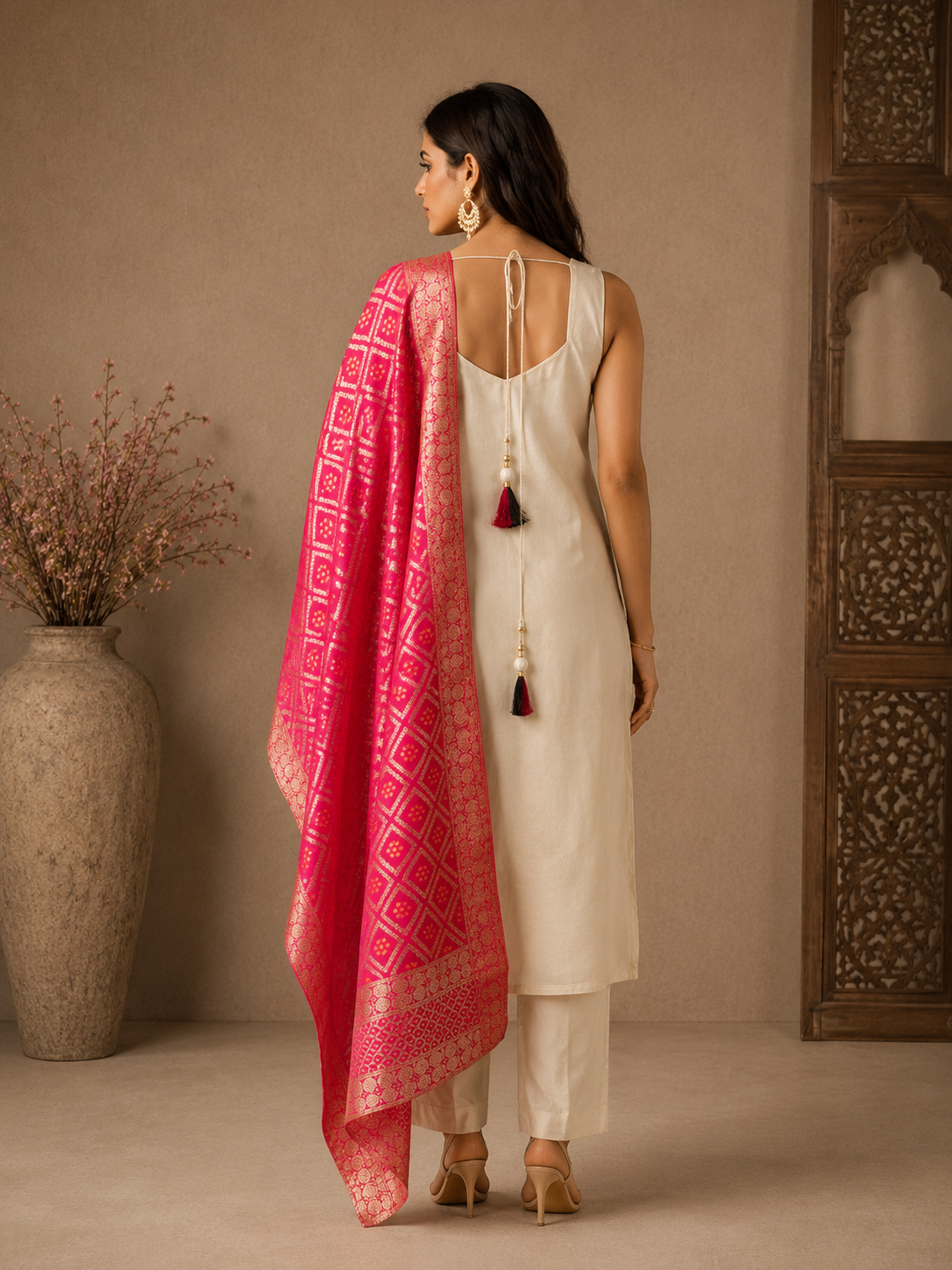Elegant Ivory Silk Straight Suit Set with Pink Banarasi Dupatta