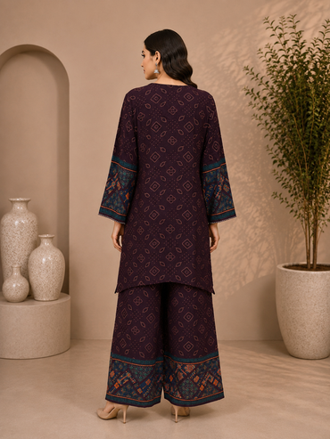 Women's Wine Rayon Kurta Palazzo Set with Mirror Work & Ethnic Print