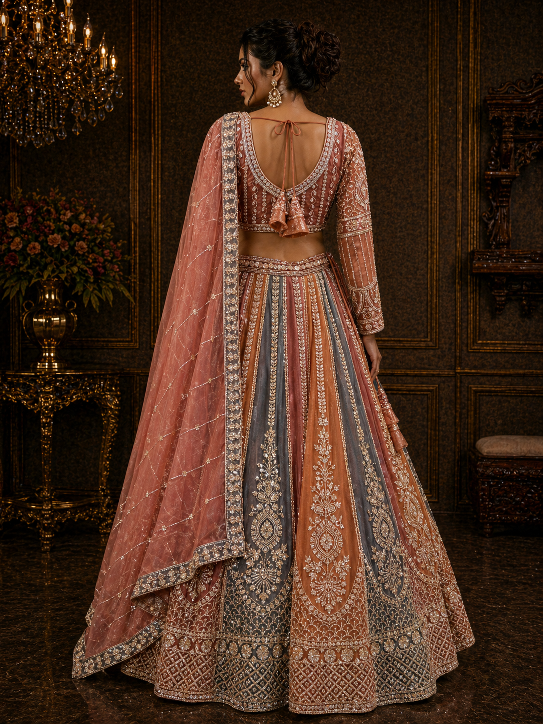 Women's Dusty Rose & Multicolor Embroidered Net Lehenga Choli with Dupatta