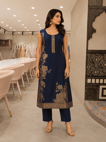 Women's Ink Blue Silk Floral Woven Kurta Pant Set
