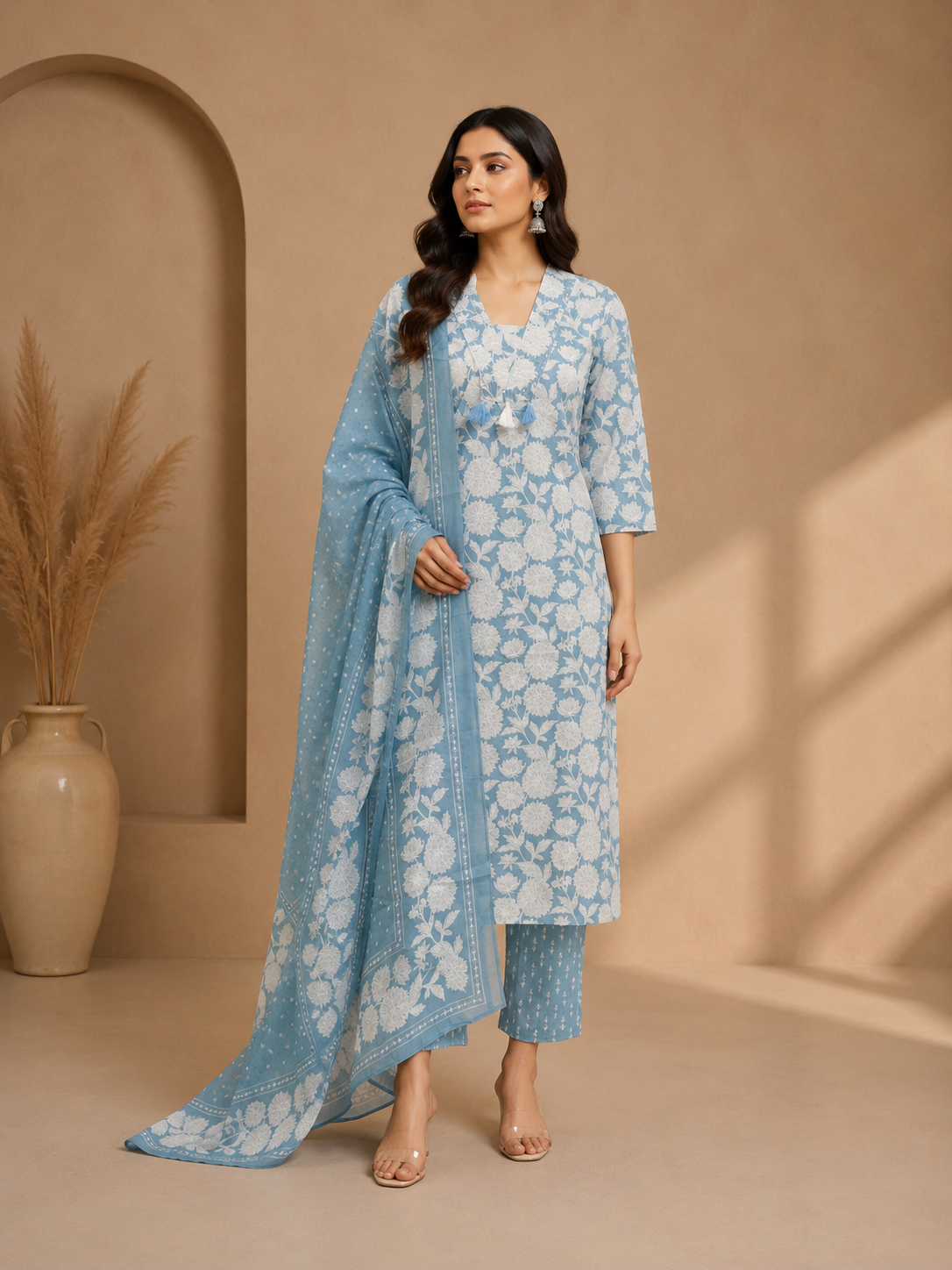 Sky Blue Floral Printed Cotton Kurta Set with Dupatta