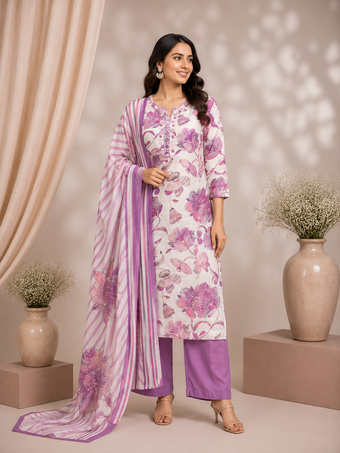 Lavender Floral Muslin Silk Printed Kurta Set with Dupatta