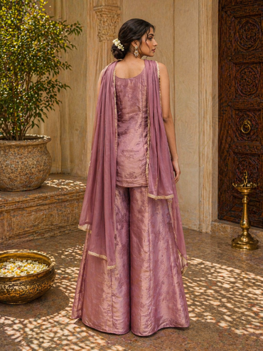 Dusty Rose Silk Kurta Set with Palazzo & Dupatta | Elegant Wedding & Festive Wear